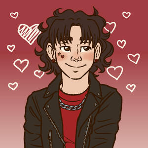 a picrew of me, a white guy with brown eyes, mid-length brown hair, and a red shirt with an iron chain and a black leather jacket.