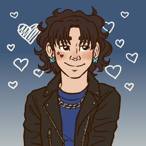 a picrew of me, a white guy with brown eyes, mid-length brown hair, and a blue shirt with an iron chain and a black leather jacket.