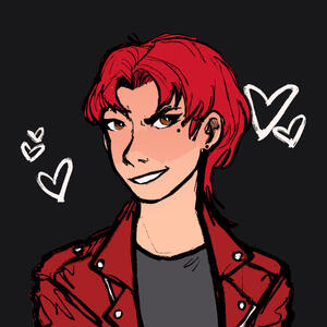 a picrew of me, a white guy with brown eyes, red hair, and a red leather jacket with a black undershirt.